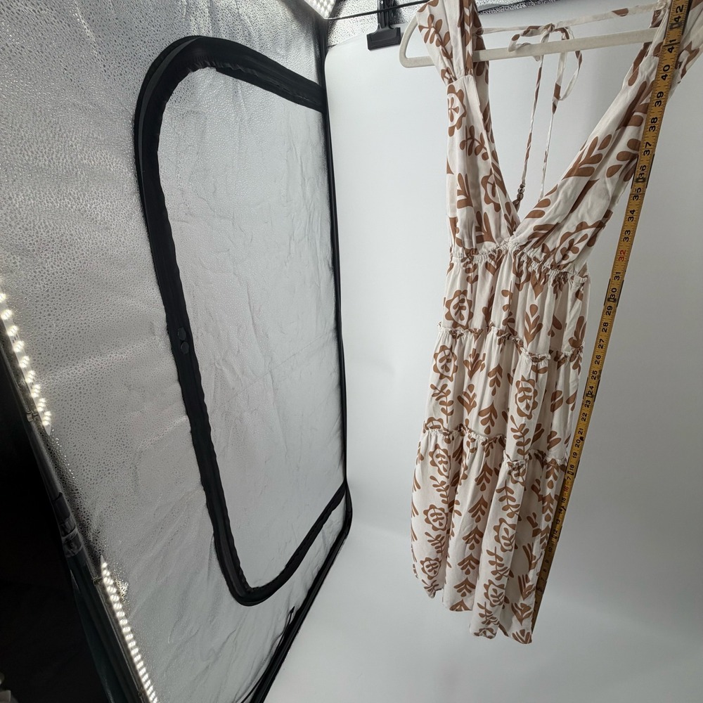 Salty Lemon Boho Tiered Midi‎ Dress V-Neck Tassel Tie Back M Flowy Tan Cream - Picture 4 of 6